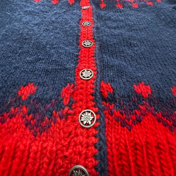Norway Chunky Knit Fair Isle Wool Cardigan Red Blue Handknit - Picture 7 of 10